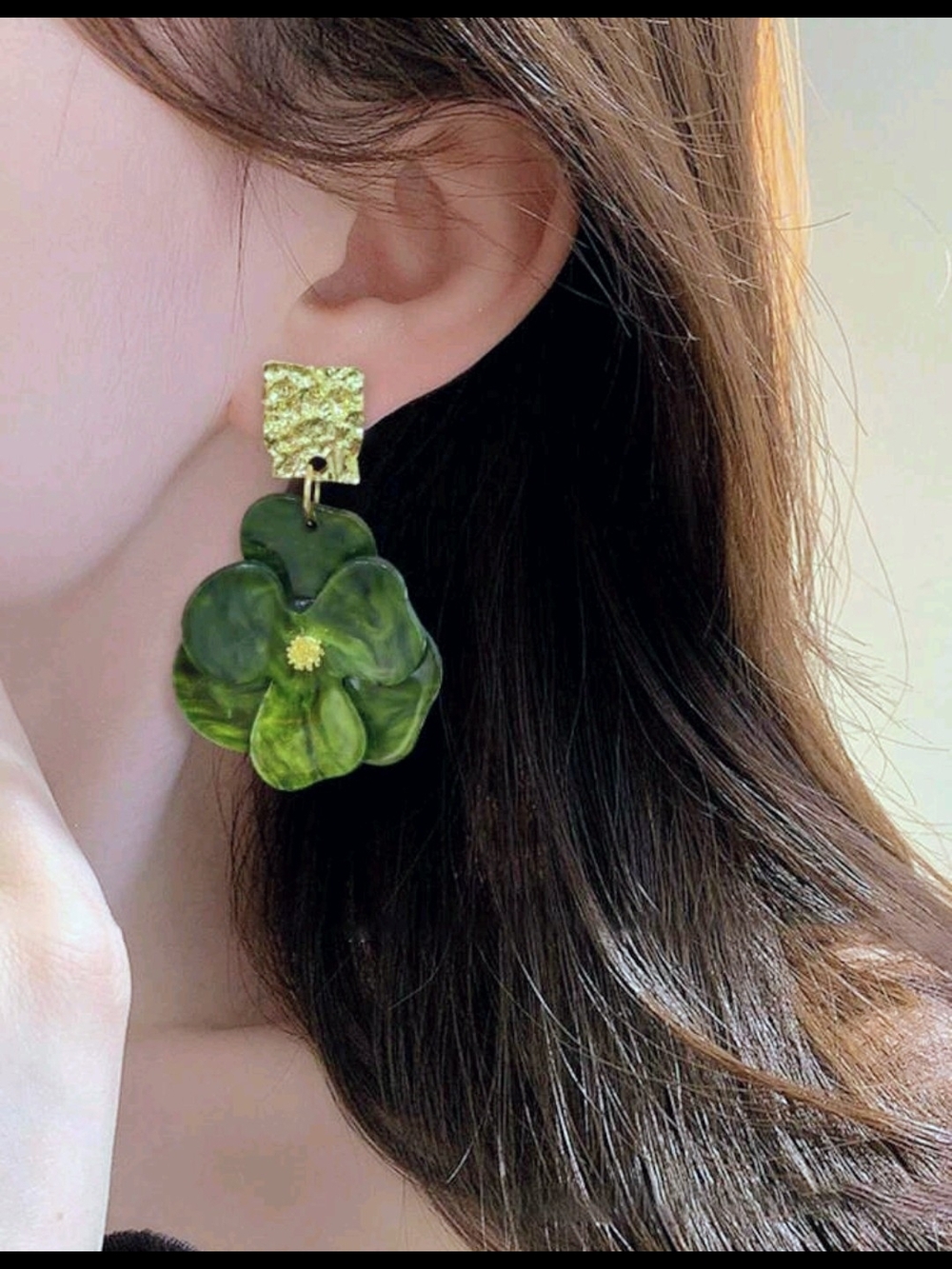 Green Floral Drop Earrings with Gold Accent